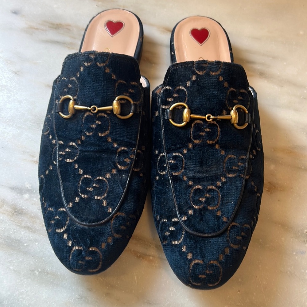 Navy velvet Gucci Mules